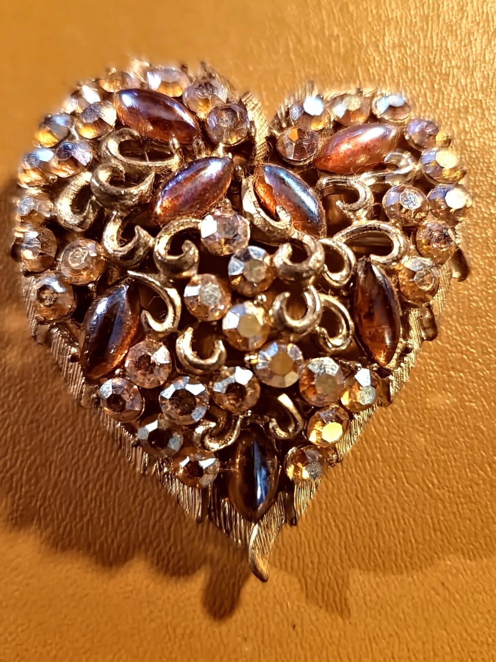Vintage Gold-Tone Heart Brooch with Amber and Clear Crystals